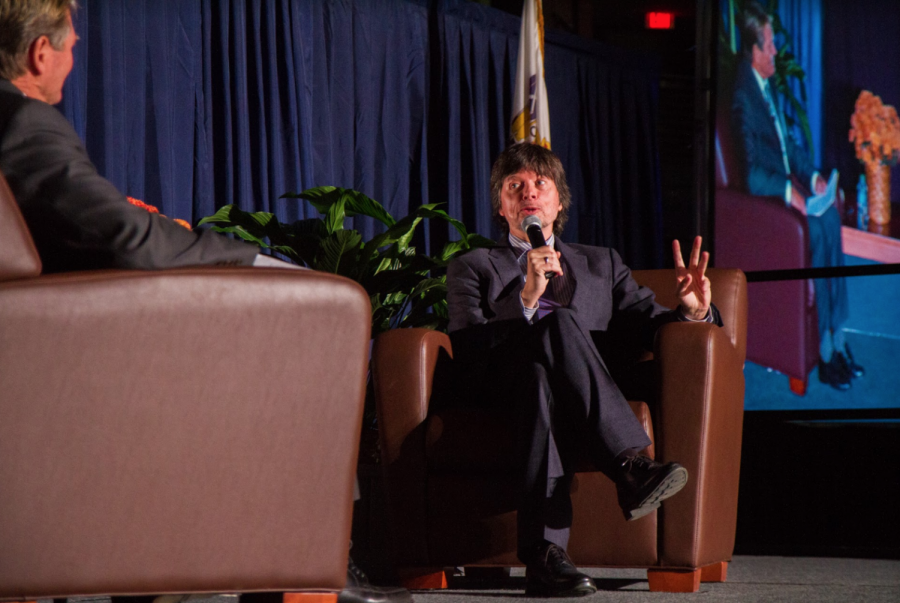 Documentary Filmmaker Ken Burns responds to questions from History Professor Jess Levine on Oct. 27 at the Collins Arena