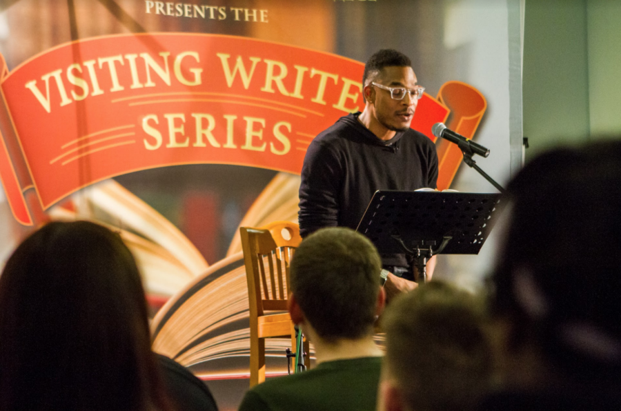 Terrance Hayes reads sonnets from his yet-to-be-released poetry book, American Sonnets For My Past and Future Assassin. to dozens of listeners during the the first Visiting Writers’ Series event of the semester on Feb. 7. 