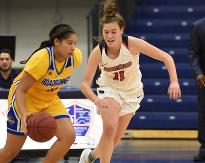 SHE SHOOTS-- SHE SCORES- Jersey Blue basketball team member fights to take the ball back from opponents hands. 
Photo courtesty of Brookdale Athletics